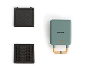 CREATE/STONE STUDIO/Appareil à croque-monsieur Vert sauge / 2 plaques interchangeables : sandwich et gaufre, antiadhésif, 1 tranche, ouverture 100º, arrêt automatique, poignée cool-touch, 600W