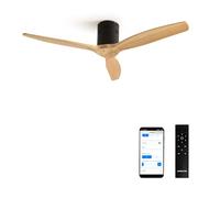 CREATE / WINDCALM M/Ventilateur de plafond ABS avec Wifi et télécommande noir pales effet bois clair / 40W, Silencieux, Ø132 cm, 6 vitesses, minuterie, été-hiver, double hauteur, moteur DC