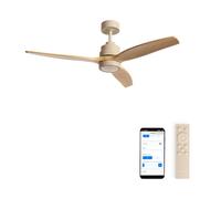 CREATE / WINDSTYLANCE M/Ventilateur plafond ABS sable lumière pales bois naturel Wifi et télécommande/Silencieux, Ø132 cm, 6 vitesses, minuterie, été-hiver, double hauteur