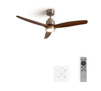 CREATE / WINDSTYLANCE NATURAL WOOD/Ventilateur de plafond avec lumière, contrôleur murale et télécommande, niquel pales bois foncé / 40W, silencieux, Ø132 cm, 6 vitesses, programmable moteur