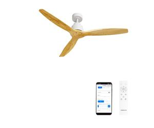 CREATE / WINDSTYLANCE NATURAL WOOD/Ventilateur de plafond avec Wifi et télécommande, blanc pales en bois naturel / 40W, Silencieux, Ø132 cm, 6 vitesses, minuterie, été-hiver, double hauteur