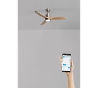 CREATE WINDSTYLANCE NATUREL WOOD S Ventilateur de plafond avec lumière nickel, pales en bois clair avec Wifi et télécommande, 40 W, silencieux, Ø112 cm, 6 vitesses, fonction été/hiver, double hauteur