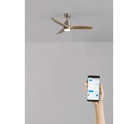 CREATE WINDSTYLANCE S/Ventilateur de plafond ABS avec lumière nickel, pales effet bois clair avec Wifi et télécommande, 40 W, minuteur, Ø112 cm, 6 vitesses, minuteur, été-hiver, double hauteur