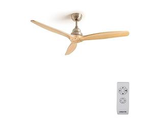 CREATE / WINDWOOD/Ventilateur de plafond niquel pales en bois naturel / 75W, silencieux, Ø132 cm, 3 vitesses, minuterie 1 à 4 heures, moteur AC, hauteur réglable