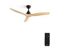 CREATE / WINDWOOD/Ventilateur de plafond noir pales en bois naturel / 75W, silencieux, Ø132 cm, 3 vitesses, minuterie 1 à 4 heures, moteur AC, hauteur réglable