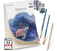 CreaTek - Papier aquarelle A4 300 g/m² [ cours vidéo inclus 2 heures ] 30 feuilles de bloc aquarelle A4 + 2 pinceaux + crayon + 400 modèles de peinture - Parfait pour les débutants papier aquarelle A4
