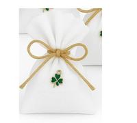 CREATI’L 25 Pochons Dragées Lin Blanc Trèfle Porte-Bonheur - Sachets Cadeaux Baptême Communion Mariage Fête - Pochon Tissu Réutilisable Bonbons Bijoux Souvenirs - Sachet Lin 9x11cm avec Ficelle
