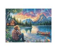 Créatif Chalet au lac Pêcheur Coucher de Soleil Forêt Extérieur Puzzle 500 Pièces pour Adultes Amusant Captivant Et Relaxant Parfait pour Passe Temps Et Loisirs 500 PCS（52×38cm）