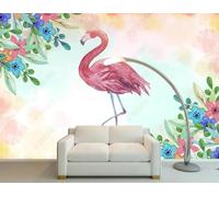 Créatif Flamant Rose Plantes Colorées Fleurs Papier Peint 3D Installation Facile Intissé Tapisserie Bureau Salon Canapé Chambre Décoration Murale-350cm×256cm