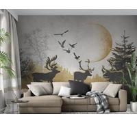 Créatif Lune Oiseaux En Vol Renne Forêt Papier Peint 3D Installation Facile Intissé Tapisserie Bureau Salon Canapé Chambre Décoration Murale-400cm×280cm