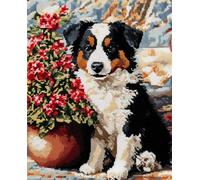 Création De Tapis Et Canvas Border Collie Et Plantes En Potkit De Fabrication De Tapis Pour Adultes Grand Coussin Latch Mat Yourself Knotting Beginners,Diy Latch Hook Kits Tapisserie 23x35in
