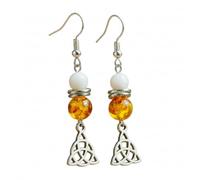 CREATIST SHOP Boucles d'Oreilles Triquetra en Acier Inoxydable Argenté, Ambre Miel et Jade Blanc, Style Celtique, Crochets avec Bouchons Silicone, 5,5 cm