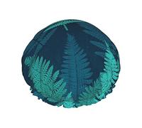 Creative Bleu Vert Fougère Feuilles Bonnet De Douche Imperméable, Bonnet De Cheveux De Bain Élastique Protection De L'environnement Bonnets De Bain De Cheveux, Double Couches Imperméables Bonnet De