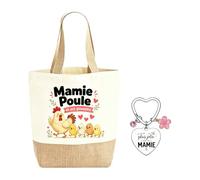 Créative Cadeau Mamie, Cabas Mamie Poule Ses Poussins avec Porte Clés | Cadeau Grand Mere Tote Bag 49 X 36 Cm, Cadeau pour Mamie pour Courses Plage Famille et Fete Des Grand Mere Idée Anniversaire