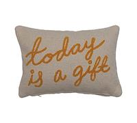 Creative Co-op Coussin Lombaire en Coton brodé « Today is A Gift in Script », crème et Moutarde