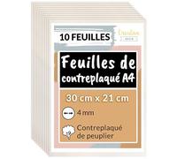 Creative Deco 10 x A4 Contreplaqué 4mm | 300 x 210 x 4mm (+/- 2mm) | Planche Bois Brut Peuplier | Panneau Feuille Découpe Laser | Bois pour Pyrogravure, Gravure, Cricut, Maquette