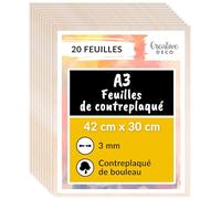 Creative Deco 20 x A3 Contreplaqué 3mm | 420 x 300 x 3mm (+/- 2mm) | Planche Bois Brut Bouleau | Panneau Feuille Découpe Laser | Bois pour Pyrogravure, Gravure, Cricut, Maquette