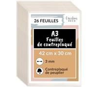 Creative Deco 26 plaques de contreplaqué A3 de 3 mm en peuplier asiatique | 420 x 300 (± 2) mm | Fines découpes en bois | Feuilles idéales pour le chantournage, la pyrogravure, la découpe laser