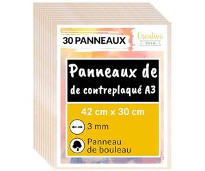 Creative Deco 30 x A3 Contreplaqué 3mm | 420 x 300 x 3mm (+/- 2mm) | Planche Bois Brut Bouleau | Panneau Feuille Découpe Laser | Bois pour Pyrogravure, Gravure, Cricut, Maquette