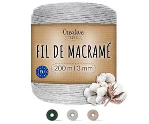 Creative Deco 3mm x 200m Corde Macramé Gris Clair | Fil de Coton et Polyester | +/- 0.5 mm d’Épaisseur | 30 Plis | Ficelle Cordelette Naturel