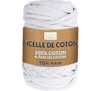 Creative Deco 9mm x 50m Corde Macramé Fil de Coton Blanc +/- 0.5mm Épaisseur