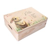 Creative Deco Boîte à Souvenirs Bébé Personnalisé avec Prénom - Lièvre | 40 x 30 x 14 cm | Cadeau Boîte à Souvenirs pour Une Naissance pour Fille et Garçon | Boite en Bois avec Couvercle