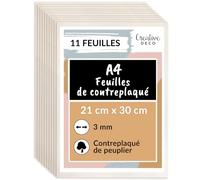 Creative Deco Lot de 11 Plaques Contreplaqué A4 3 mm | 300 x 210 (+/- 2)mm | Contreplaqué de peuplier asiatique | Fines planches de bois | Pour chantournage, pyrogravure, découpe laser, gravure, CNC