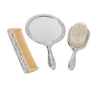 Creative Gifts International Ensemble de coiffeuse 3 pièces en laiton nickelé, non terni, brosse, peigne, miroir avec motifs vintage en relief, coffret cadeau inclus