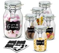 Creative Home Lot de 6 Bocaux en Verre 1L | Bocal en Verre avec Couvercle Hermétique | Boite conservation alimentaire | Boite Rangement Cuisine | Pot a epices | Inclus des étiquettes et une craie