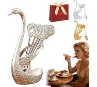 Creative Swan Design Coffee Stirring Spoon Set with 6 Coffee Spoons Set, Metal Dessert Teaspoon Holder Organizer,Decorative Tableware for Fruit Mixing Stirring, Ideal Gift for Home Cafe (Silver)