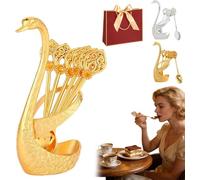Creative Swan Design Coffee Stirring Spoon Set with 6 Coffee Spoons Set, Metal Dessert Teaspoon Holder Organizer,Decorative Tableware for Fruit Mixing Stirring, Ideal Gift for Home Cafe (Gold)