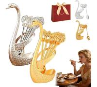 Creative Swan Design Coffee Stirring Spoon Set with 6 Coffee Spoons Set, Metal Dessert Teaspoon Holder Organizer,Decorative Tableware for Fruit Mixing Stirring, Ideal Gift for Home Cafe (Mix)