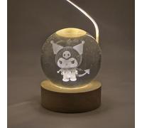 Creative Visualization lamp Lampe LED à bille avec gravure 3D - Design Cartoon, Base en bois, Alimentation USB (KUROMI)