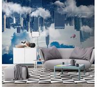 Créativité Architecture Urbaine Montgolfière Nuages Blancs Individualité Papier Peint 3D Installation Facile Intissé Tapisserie Bureau Salon Canapé Chambre Décoration Murale-250cm×170cm