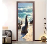 Créativité Auto-adhésif Sticker porte PVC 73×205 cmThème de l'animal lion de mer Stickers Muraux Imperméable, Papier Peint Intérieure DIY Bleu étanche Autocollant Porte Amovible,Pour Salon, Chambre