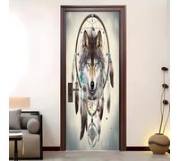 Créativité Sticker porte PVC Auto-adhésif 77×200 cm RêVe TêTe De Loup Attrape-RêVes Stickers Muraux Imperméable, Papier Peint Intérieure DIY Gris Pour Salon, Chambre, Autocollant Porte Amovible