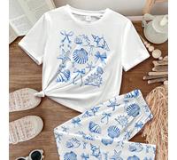 Créature marine mignonne, coquille, nœud imprimé, style de vacances, ensemble de pantalon à encolure ronde ample pour jeunes filles, 2 pièces costume de pyjama décontracté 8Y,9Y,10Y,11Y,12YPortrait,Le