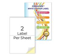 Creavvee 2 étiquettes par feuille 25 feuilles A4 imprimables papier autocollant blanc pour imprimantes laser/jet d'encre fabriqué en Europe - Taille des stickers (A5) 210x148mm