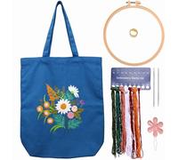 CREAWONDER Kit de broderie pour sac fourre-tout en toile avec motif pour débutants, kits de loisirs créatifs pour adultes, instructions, cercles à broder, fils colorés (bleu foncé, CR002 chenhuicaoxin