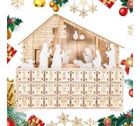 Crèche de l'Avent en bois pour décoration de Noël de 24 jours - Calendrier compte à rebours avec lumière LED et tiroir pour intérieur, vacances, bureau, , adultes, chrétiens