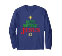 Crèche de Noël avec Inscription « Happy Birthday Jesus » Manche Longue, Unisexe pour Adultes, Bleu Marine, XL