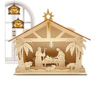 Crèche de Noël d'intérieur | Avec éclairage LED Décoration en bois pour, Personnages de Noël pour bébé Jésus gravé | Pour mur intérieur fenêtre cheminée barre jardin bureau voiture