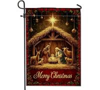 Crèche de Noël, drapeau de jardin, décoration de grange avec Sainte Famille, bannière double face en toile de jute pour décoration de pelouse en plein air 30,5 x 45,7 cm
