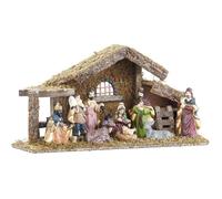 Crèche de Noël en Bois avec 9 Figurines en Porcelaine Étable 38 cm Peinte à la Main Décor de Noël pour Sapin