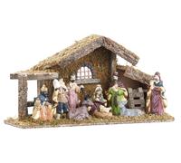 Crèche de Noël en bois avec figurines en porcelaine peintes à la main - Grande