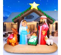 Crèche de Noël gonflable de 2,1 m avec bébé Jésus, parents, âne, mouton, étoile, mangeoire gonflable, décorations d'intérieur et d'extérieur, lumières LED intégrées pour jardin, pelouse, cour, fêtes