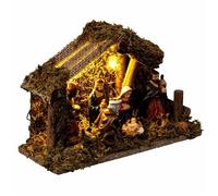 Crèche de Noël LED 20×13 cm en résine et bois - 5 micro-LED, beige, sans fil