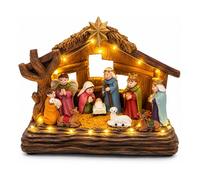 Crèche de Noël Lumineuse LED avec Santons - Scène de Nativité avec Marie Joseph Jésus Rois Mages et Animaux - 22 x 10 x 15 cm
