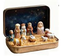 Crèche de Noël miniature en résine dans une boîte en étain - Scène de Sainte Famille avec Jésus, Marie, Joseph et Mouton, petite décoration de table de Noël, cadeau religieux au format de poche pour
