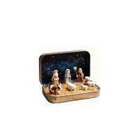 Crèche de Noël miniature en résine dans une boîte en étain - Scène de Sainte Famille avec Jésus, Marie, Joseph et Mouton, petite décoration de table de Noël, cadeau religieux au format de poche pour